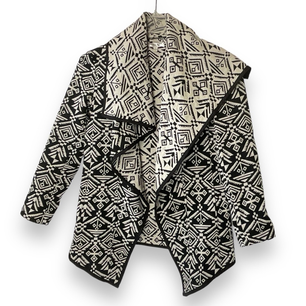 Kenar Jacket Southwestern Western Black Cream‎ Print Open Front Size Small